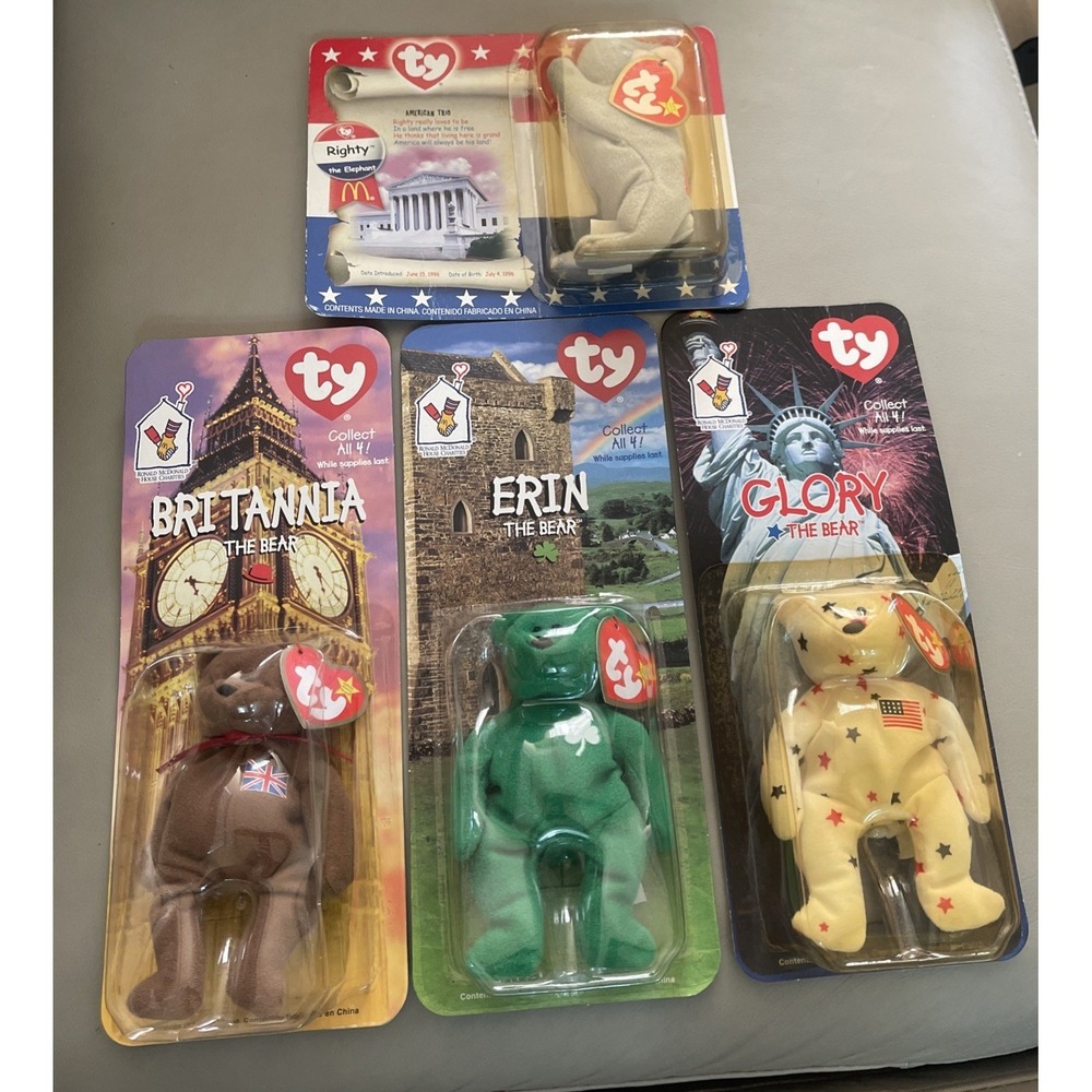 Vintage Lot of 4 Ty Beanie Babies International Bears & Elephant 90's McDonald's